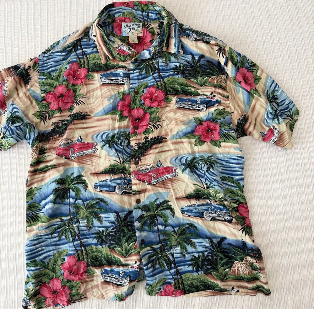 Vintage Big Dogs Hawaiian Shirt 2X Rayon Convertible Classic Car Tropical
